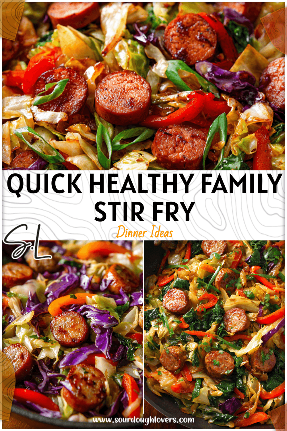 Colorful skillet of sausage and cabbage stir fry packed with veggies for a healthy dinner for families.